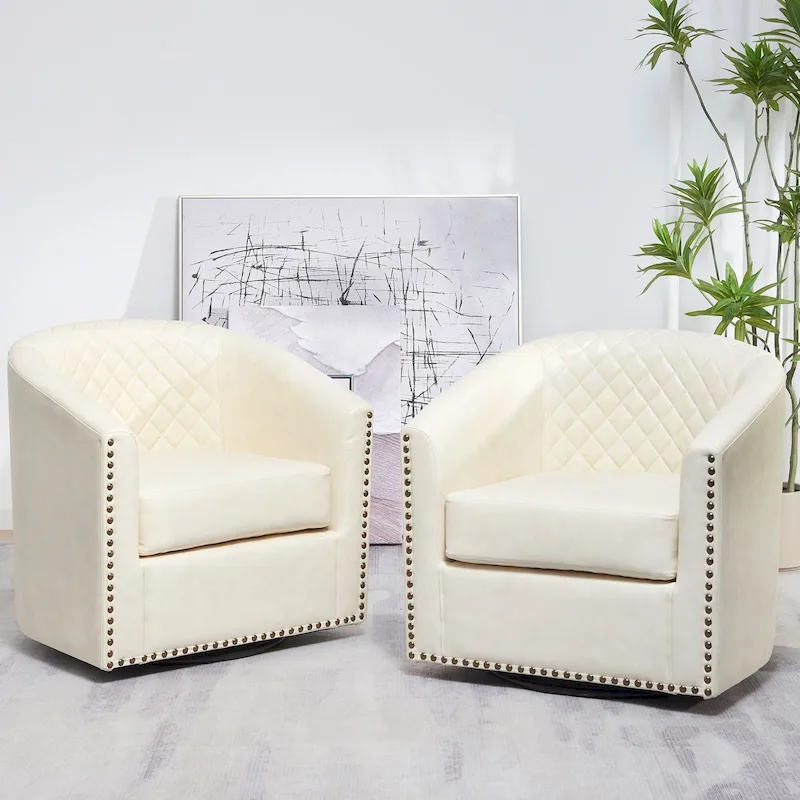 KINWELL 29 Wide Tufted PU Leather Swivel Barrel Chair (Set of 2)