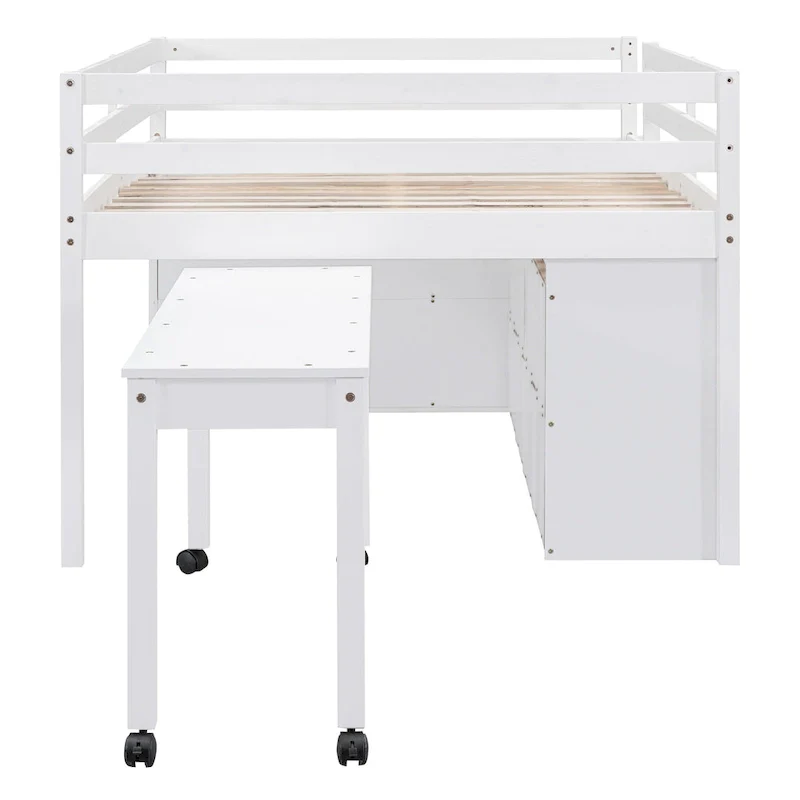 White Full Size Solid Wood Loft Bed with Retractable Desk and Drawers
