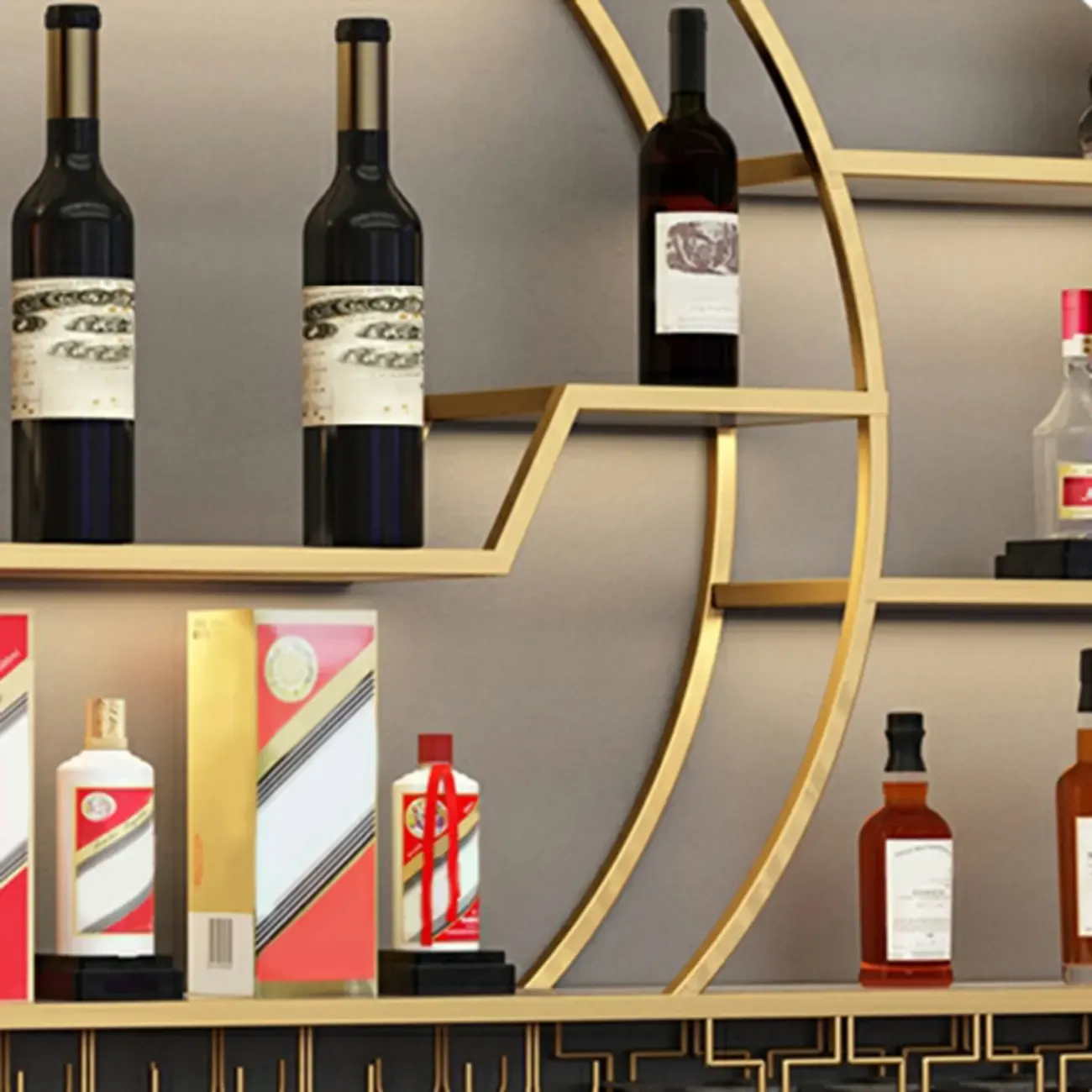 Multi-Shelf Gold Metal Wall-Mounted Wine & Glass Rack
