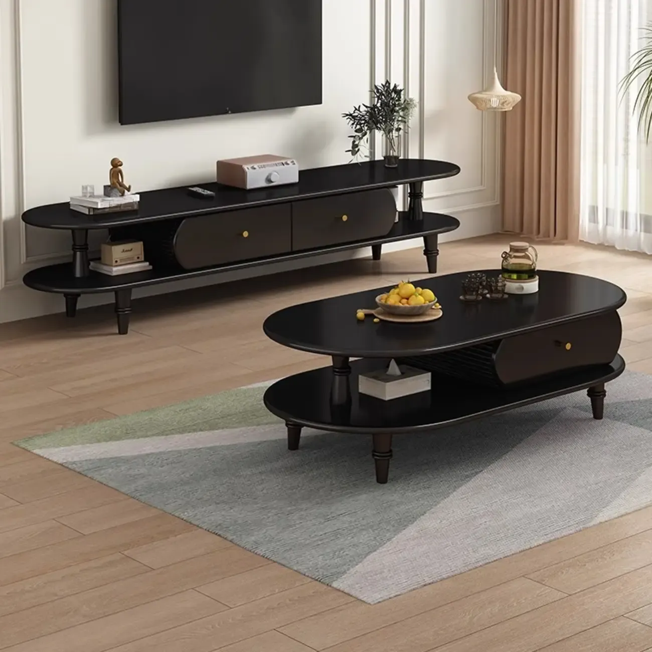 71 Black Oval Wood 3-Shelf TV Stand with Storage Drawers