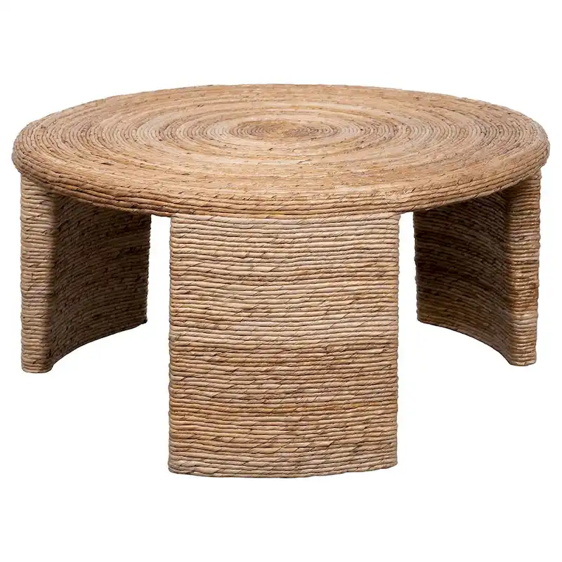 Asha 36 Inch Coffee Table, Round Shaped Top with Natural Rattan Wrapping