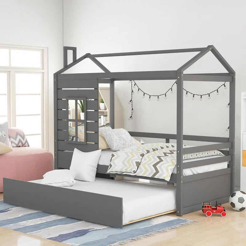 Twin House Bed with Trundle, Roof & Windows