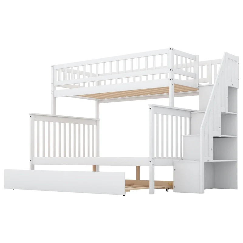 Twin over Full Bunk Bed with Trundle and Staircase,Gray