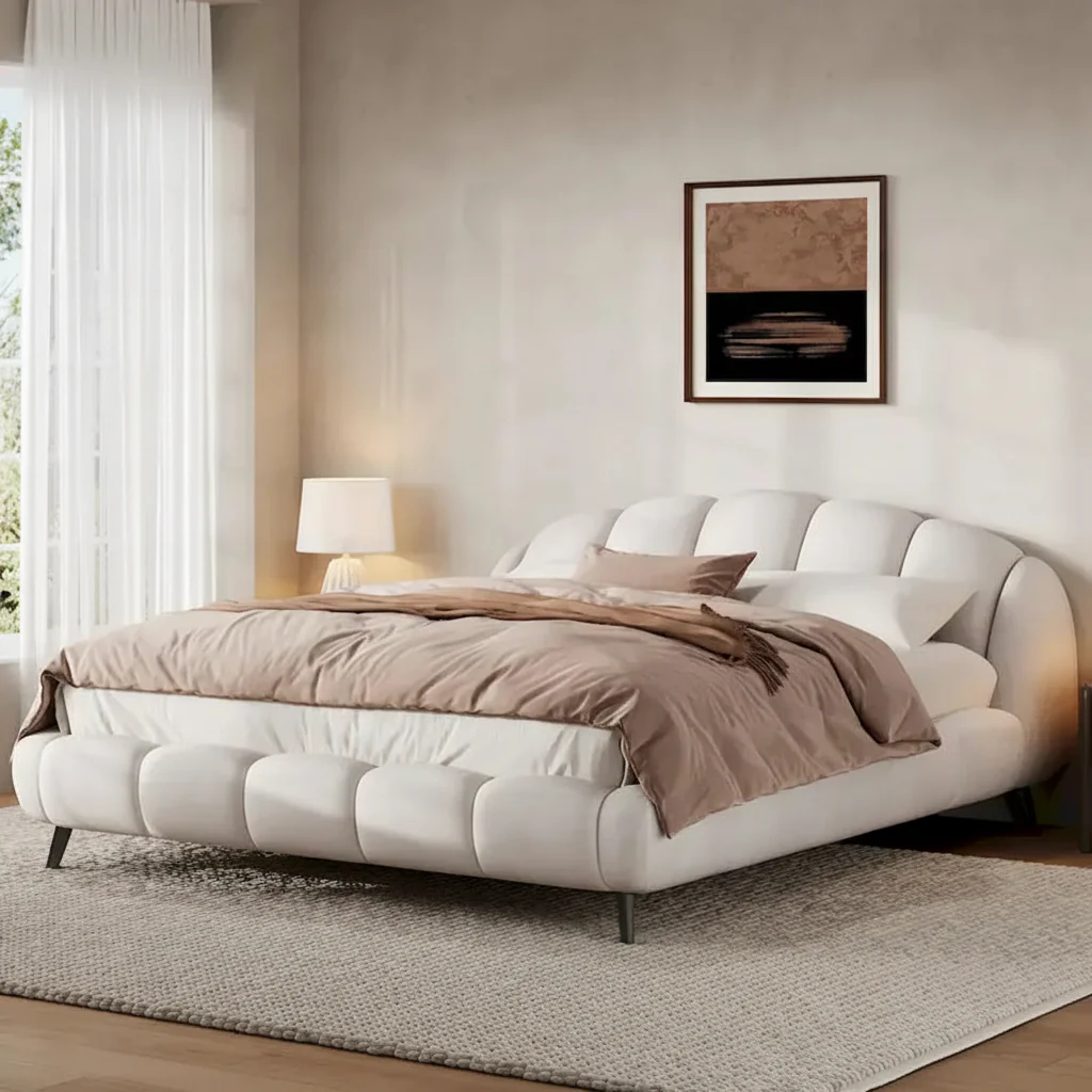 King Upholstered Platform Bed with Shell-Shape Headboard and Solid Wood Frame