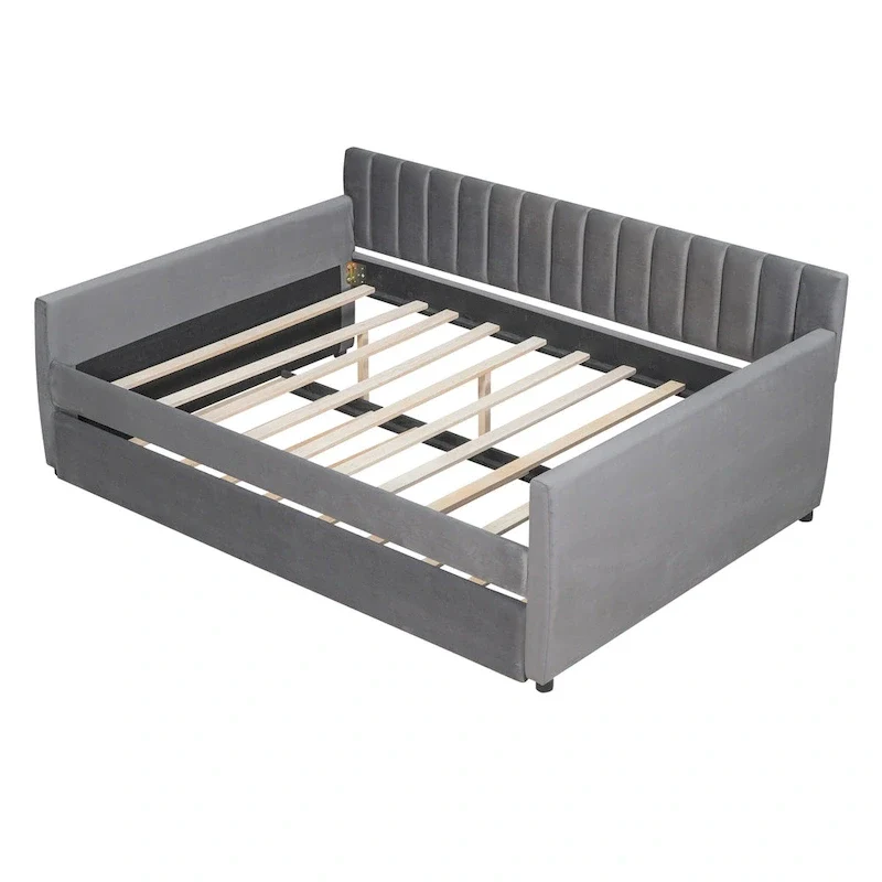Full Velvet Daybed with Trundle & Wood Slats