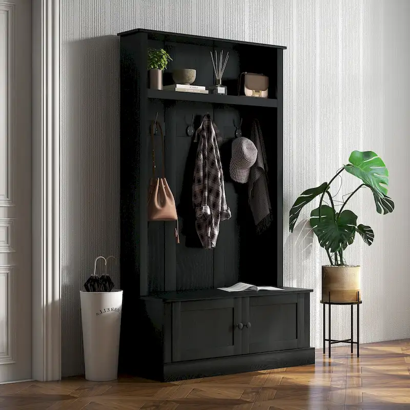 Freestanding Hall Tree, Entryway Bench with Coat Rack, Shoe Cabinet and Top Shelf