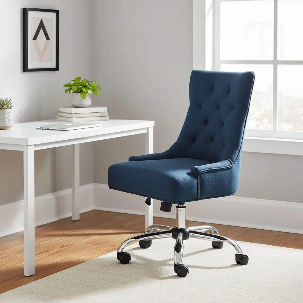 Swivel Office Chair, Navy Blue Fabric, Tufted Back, Rolling Wheels