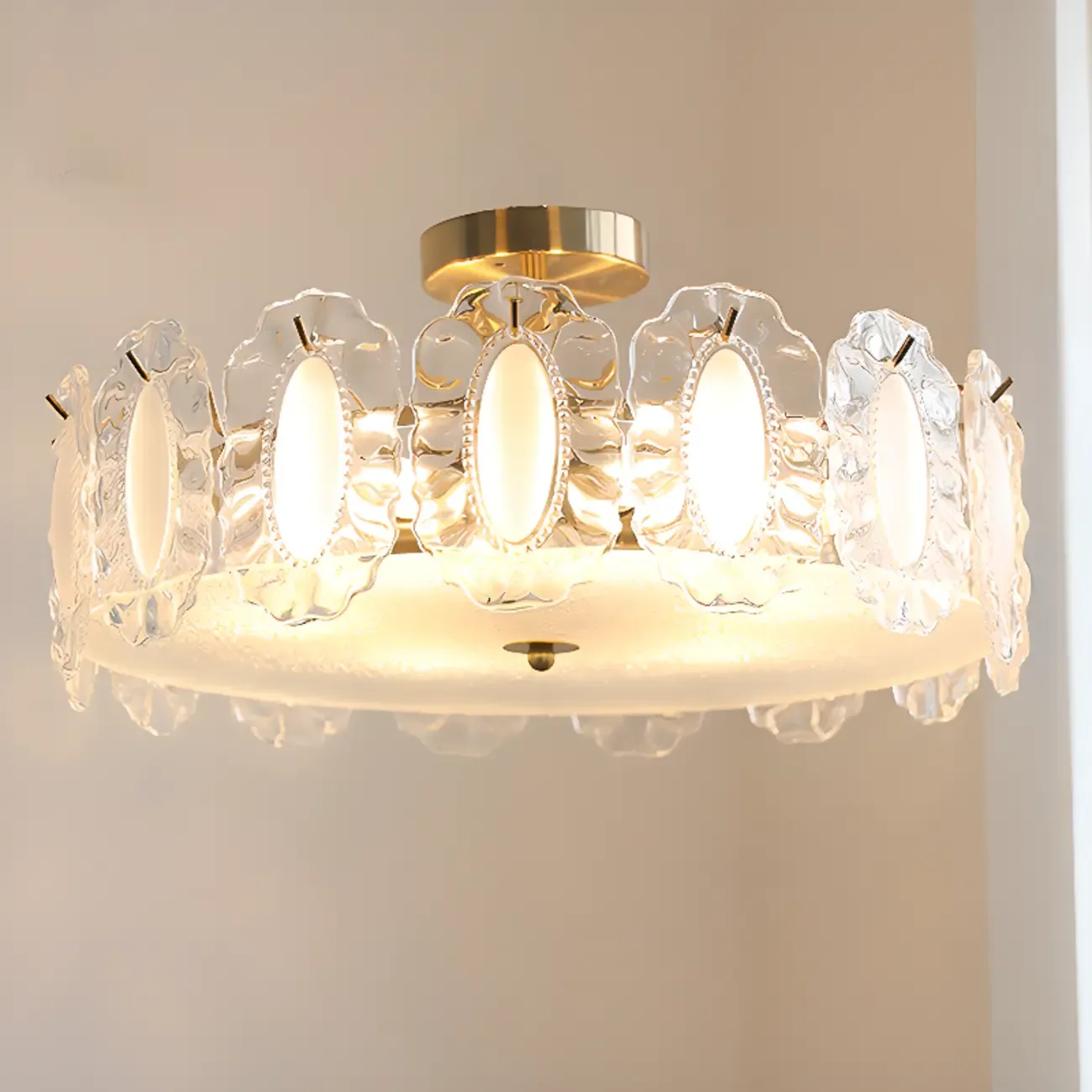 Elegant Glass Drum Shape Golden Semi Flush Light