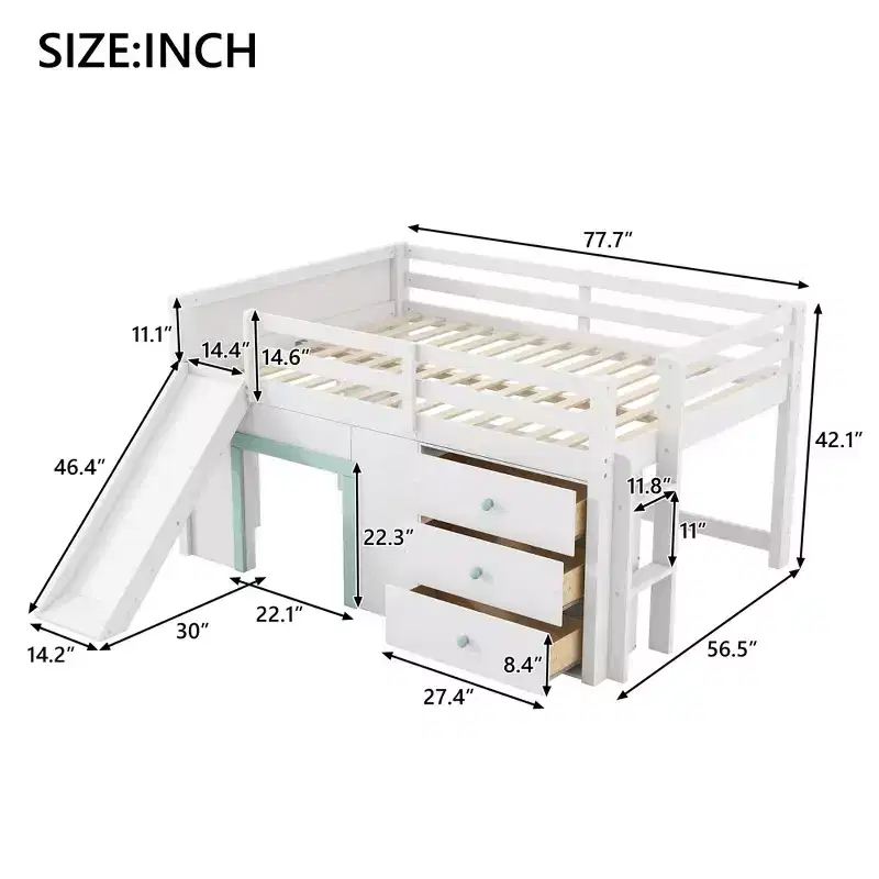Full Size Low Loft Bed with Slide, Wooden Kids Loft Bed Frame with Three Storage Drawers, White