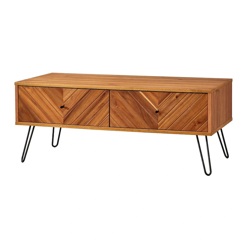 Coffee Table with 2 Drawers, Oak, Chevron Pattern, Mid-Century Modern, Acacia Veneer