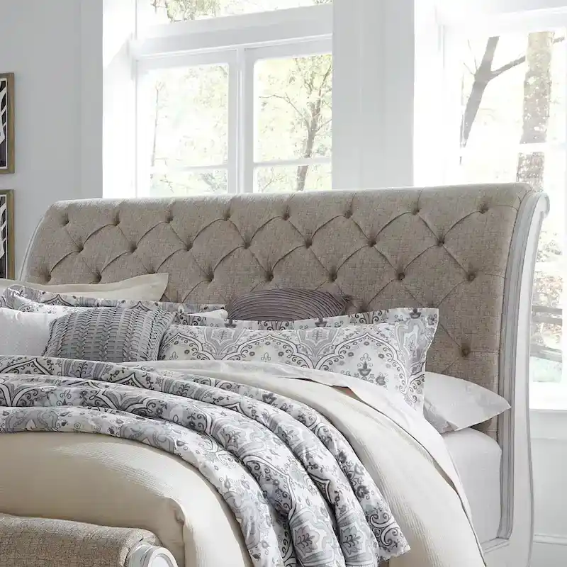 Antique White Tufted Upholstered Sleigh Bed