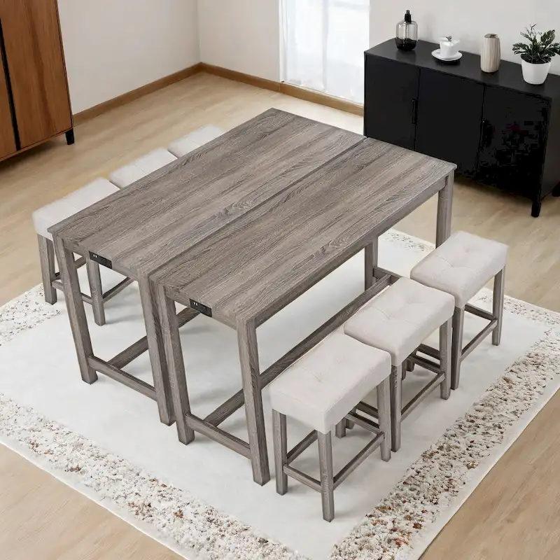 8 PCS Bar Table Dining Sets with Counter Stools and Built-in Power Outlets