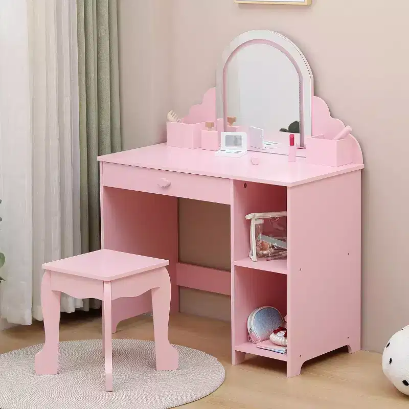 Acekool Kids Vanity Desk Dresser for Girls with Mirror, Stool, Drawer, Storage Shelves, Princess Makeup Table Set