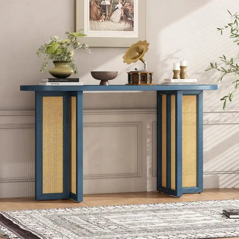 Farmhouse Rattan Console Table Entryway Table,Navy