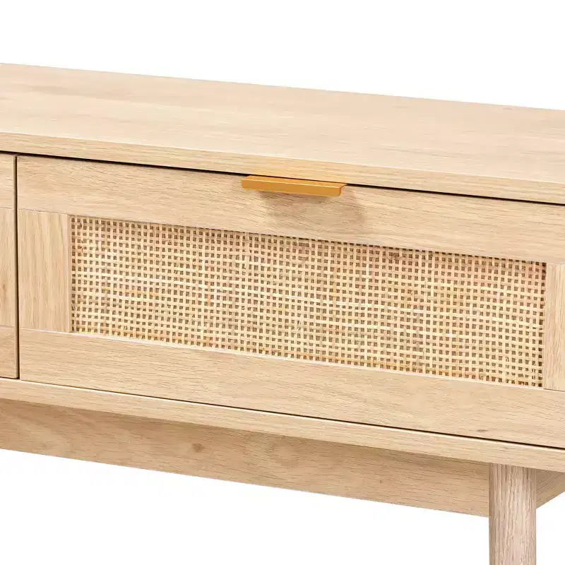 Baird Wood and Rattan 2 Drawer Console Table Brown - Baxton Studio: Gold Tone Handles, Bohemian Style