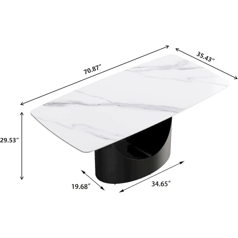 71 Black Marble Sintered Stone Table Top,Rectangle Dining Room Table with Unique U-Shape Black Carbon Steel Pedestal