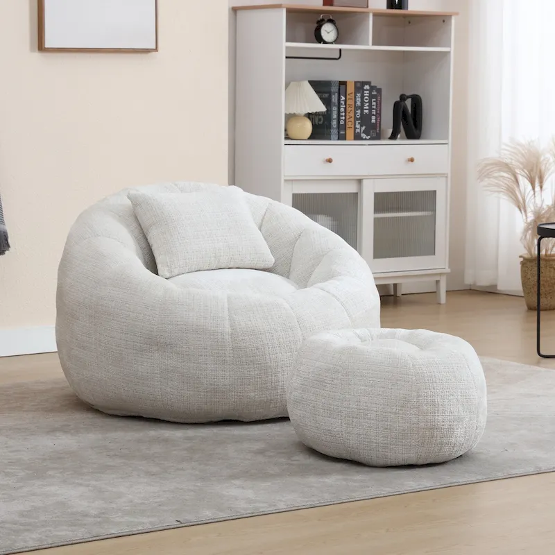 HOMEFUN Chenille Upholstered Round Lazy Cozy Bean Bag Chair with Ottoman and a Pillow