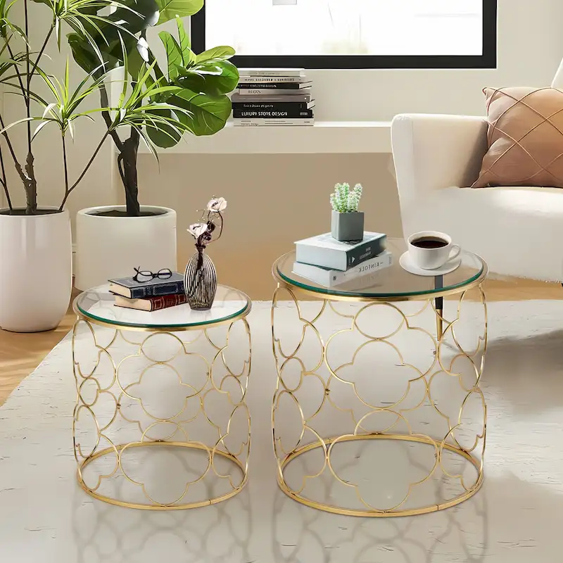 Coffee Table Set of 2 with Glass Top and Metal Wire, Round Side End Table