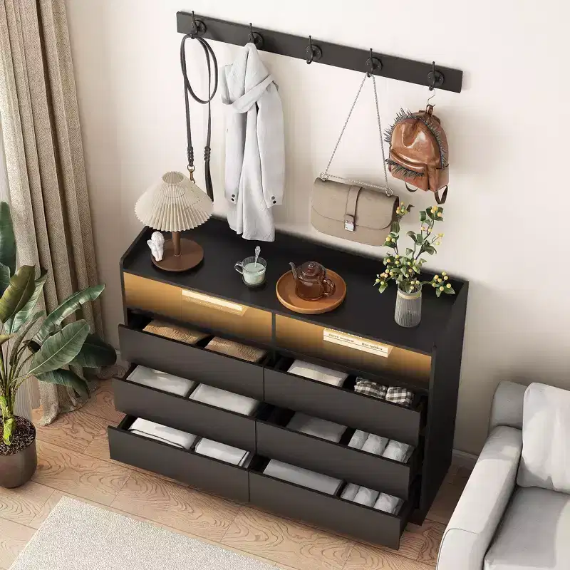 Okak Modern 6-Drawer Bedroom Dresser Nightstand with LED Sturdy Frame Storage Chest Cabinet for Living Room Hallway Kids Room