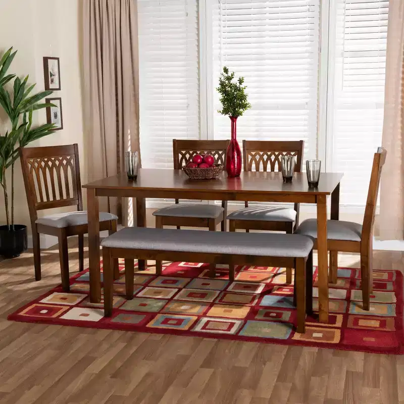 Modern Fabric & Wood Dining Set for 6 – 4 Chairs + Bench + Table