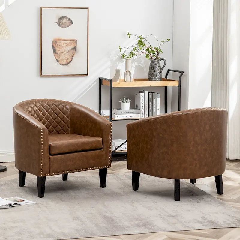 KINWELL 29 PU Faux Leather Club Armchair with Nailheads, Set of 2