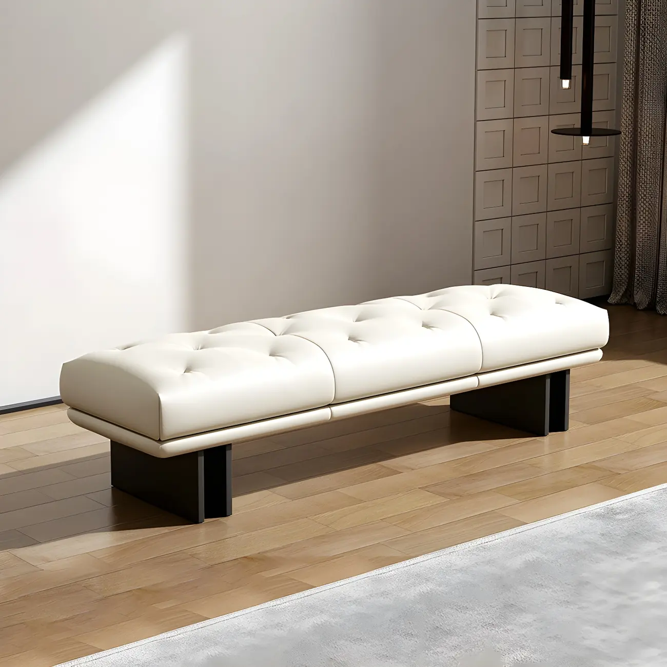 Minimalist Tufted Yellow Genuine Leather Bedroom Bench
