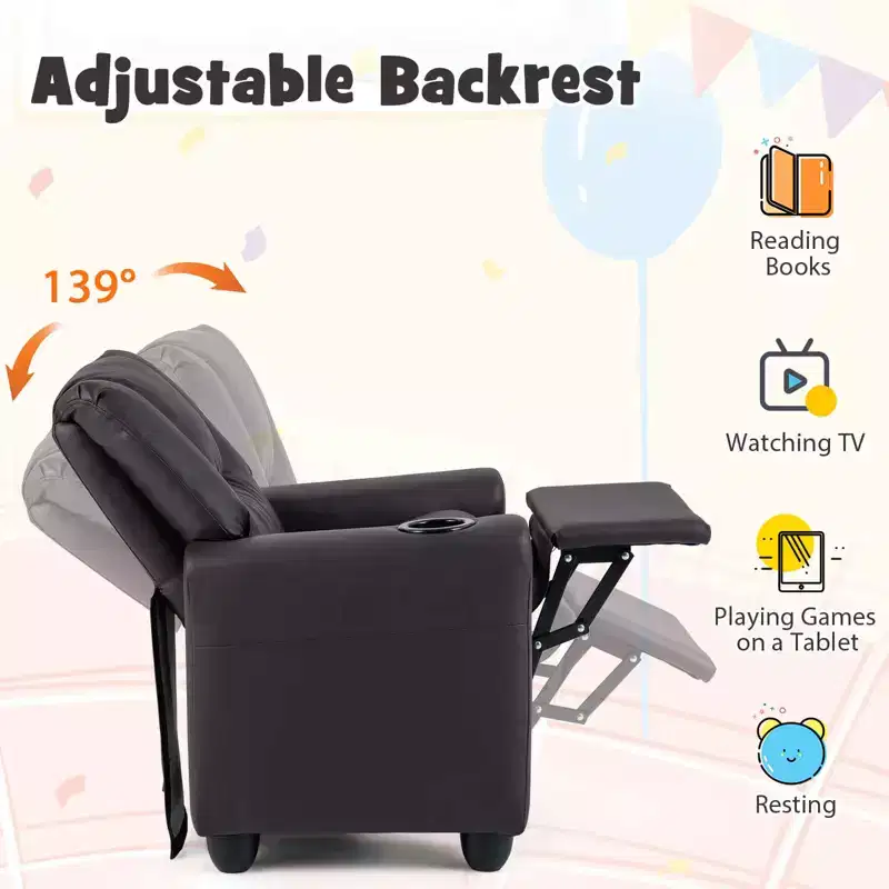 Kids Recliner Chair with Cup Holder – Beige / Black / Brown / Pink, Push-Back Style, 1-Seat