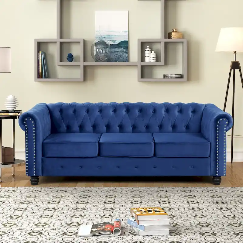 Morden Fort Velvet Upholstered Chesterfield Sofa with Nailhead and Solid Legs for Living Room