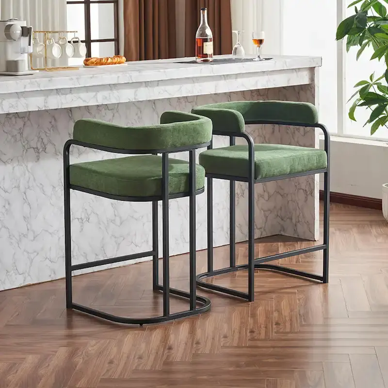 Fabric Upholstered Bar Stools Set of 2, Counter Height Bar Stools with Barrel Back, Dining Chair with Metal Frame and Arms