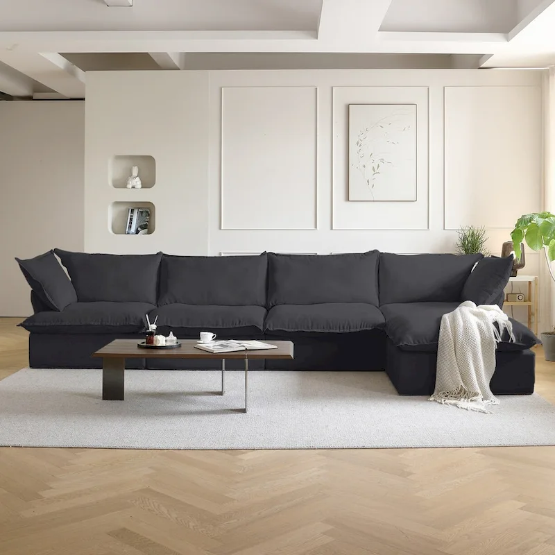 Gray Velvet L-Shape Sectional Sofa - 5 Seat