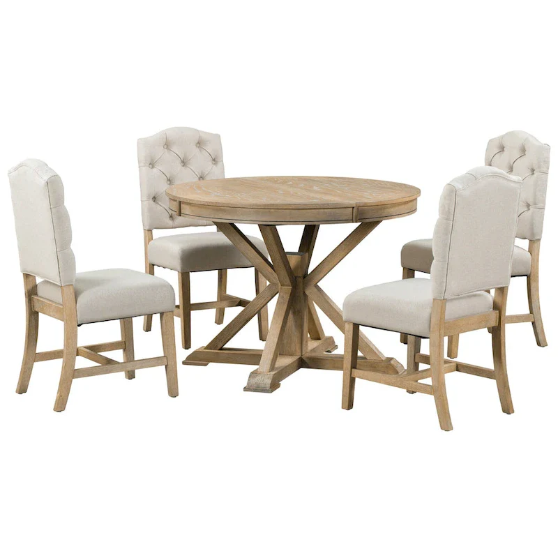 5 Pcs Wooden Round Dining Table Set, Kitchen Dining Table Chair Set with Extendable Table and 4 Upholstered Chairs