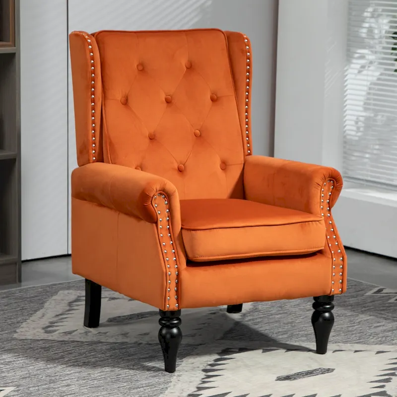 Mid-Century Velvet/Leather Upholstered Tufted Wood Frame Armchair