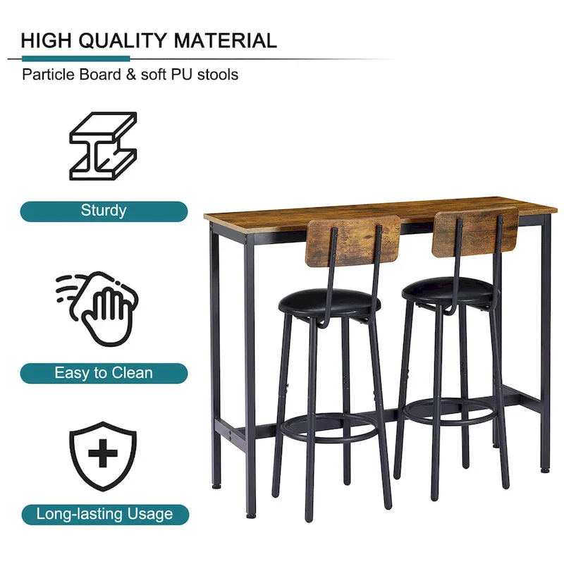 3-Piece Bistro Set, Dining Table and Upholstered Stools w/ Backrest