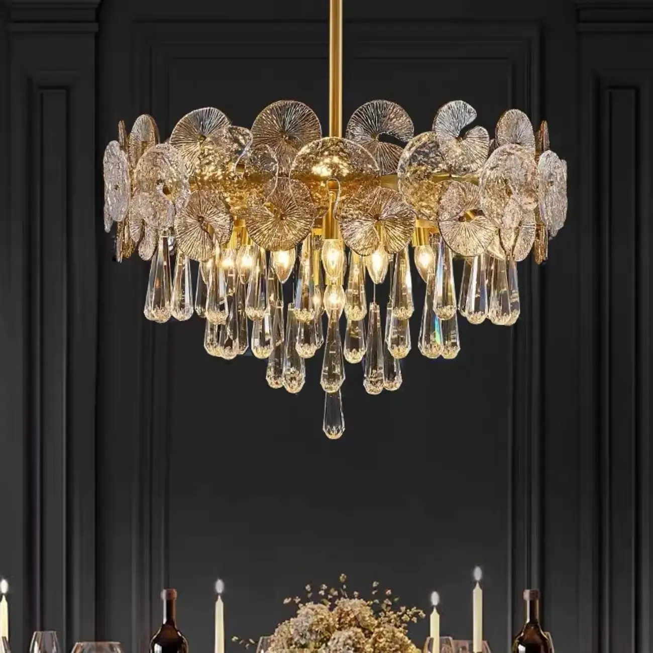 Gold Crystal Glass Floral Modern Chandelier Light