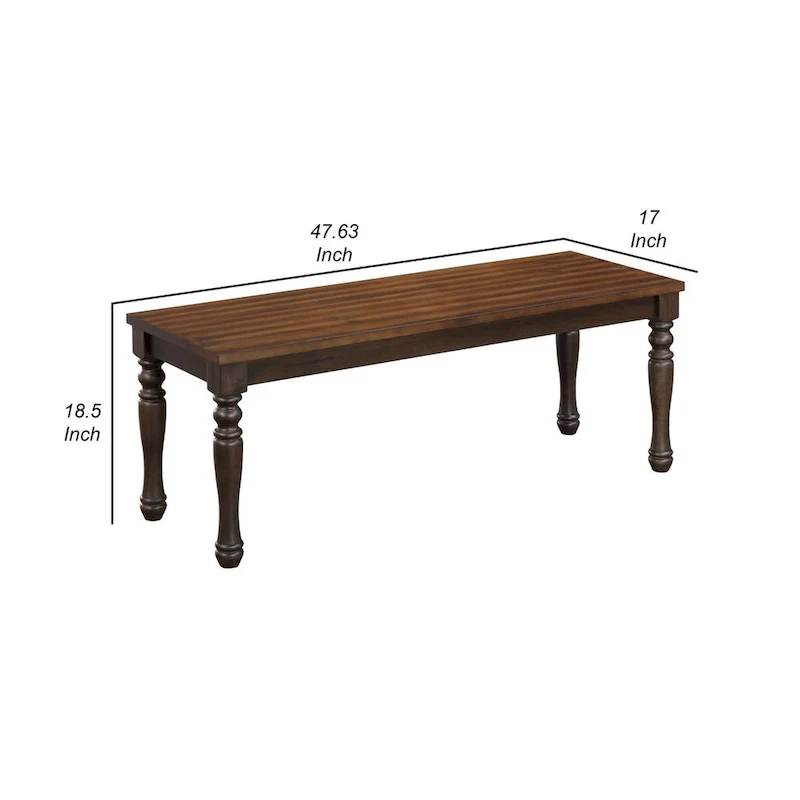 May 48 Inch Two Tone Dining Bench, Turned Legs, Rich Brown Wood Finish