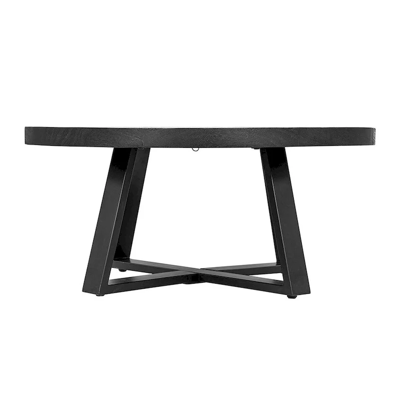 39 Inch Round Coffee Table, Cross Legs Design, Black Acacia Wood, Iron