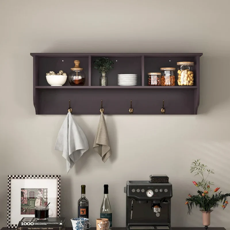 Wall Mounted Coat Rack with 4 Dual Hooks and Wooden Shelf