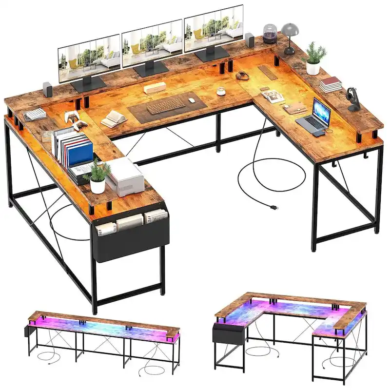 Reversible Shaped Large Computer Desk with Power Outlets