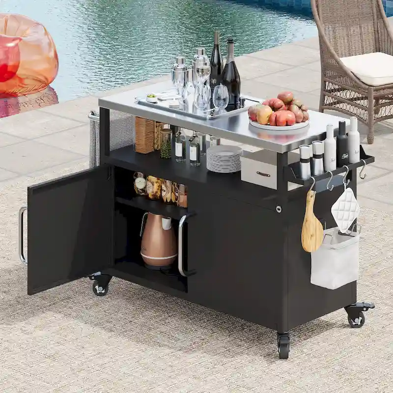 54.5 Outdoor Kitchen Island with Stainless Steel Tabletop, Metal Grill Cart Table with Storage Cabinet, Spice Rack