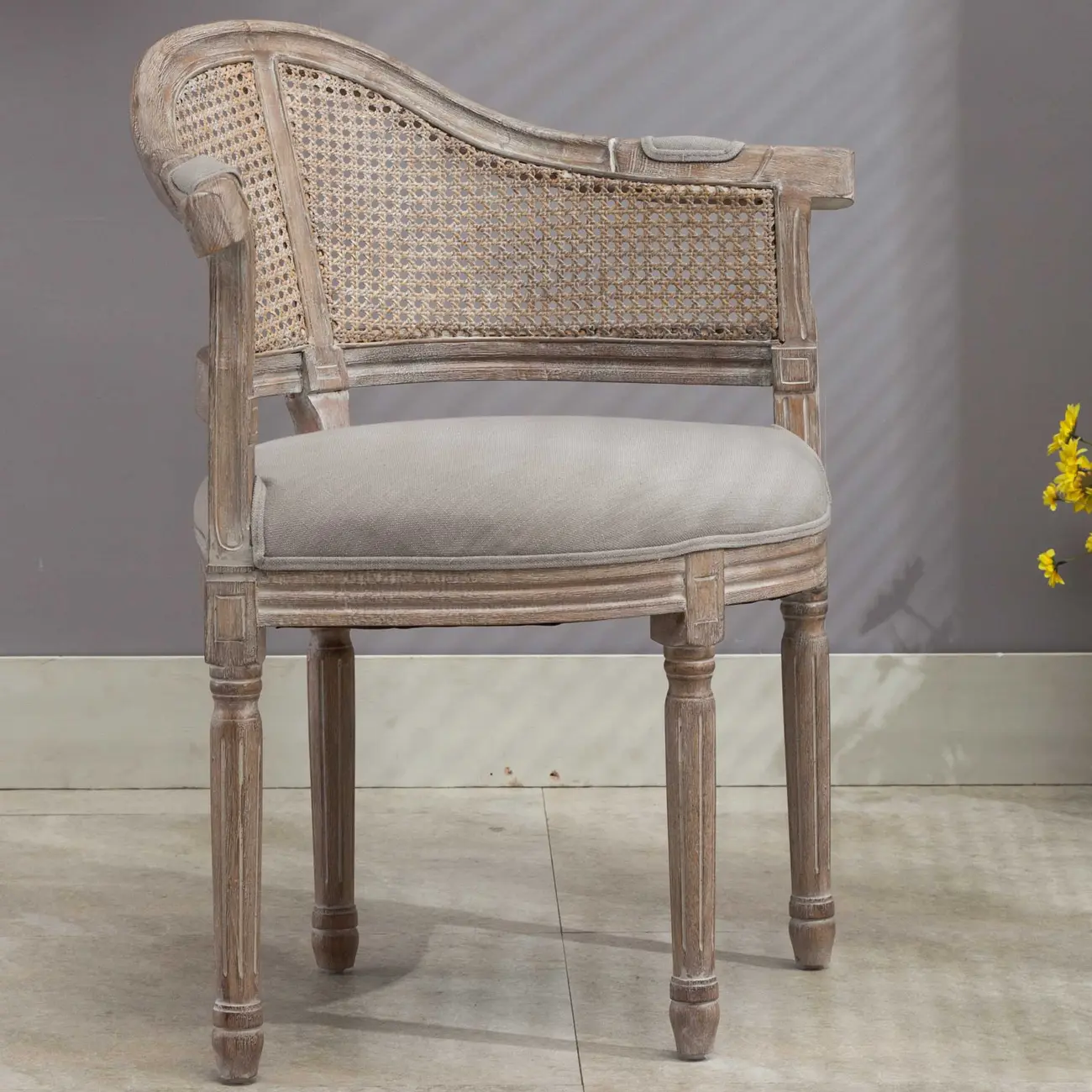 Rustic Rattan Upholstered Wood Dining Chair