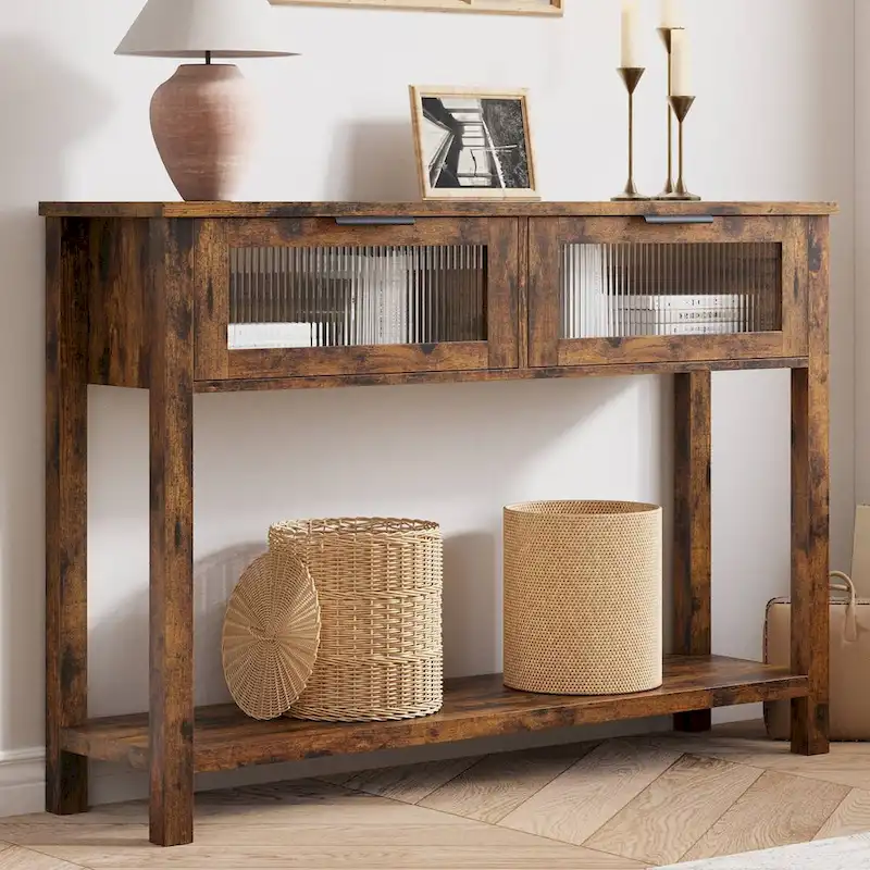 Wood Entryway Table, Console Table with 2 Glass Drawers