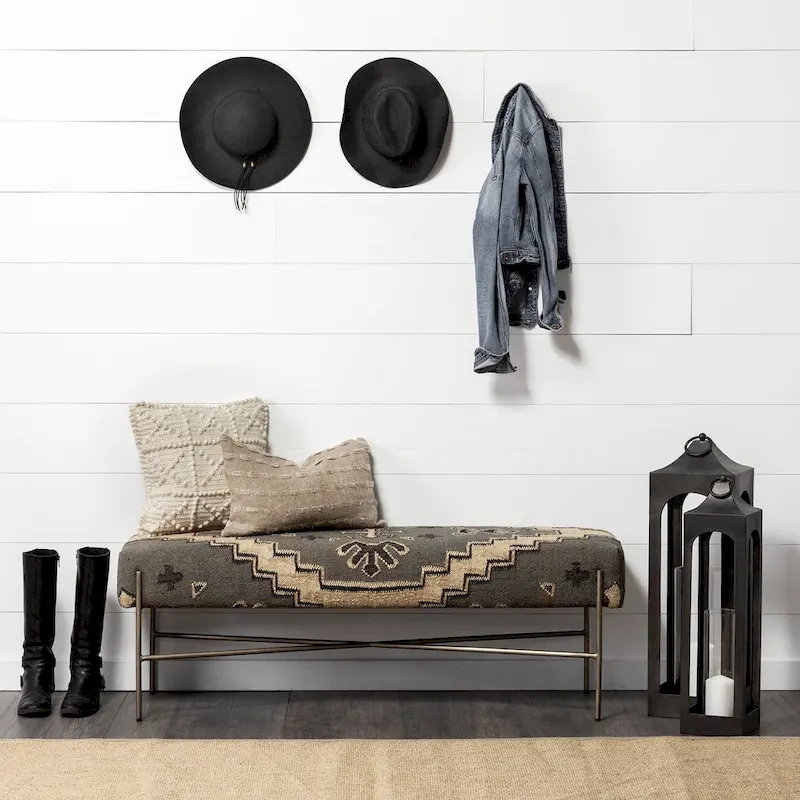 Avery I Olive & Beige Upholstered Patterned Seat Accent Bench - 55W x 17D x 18H