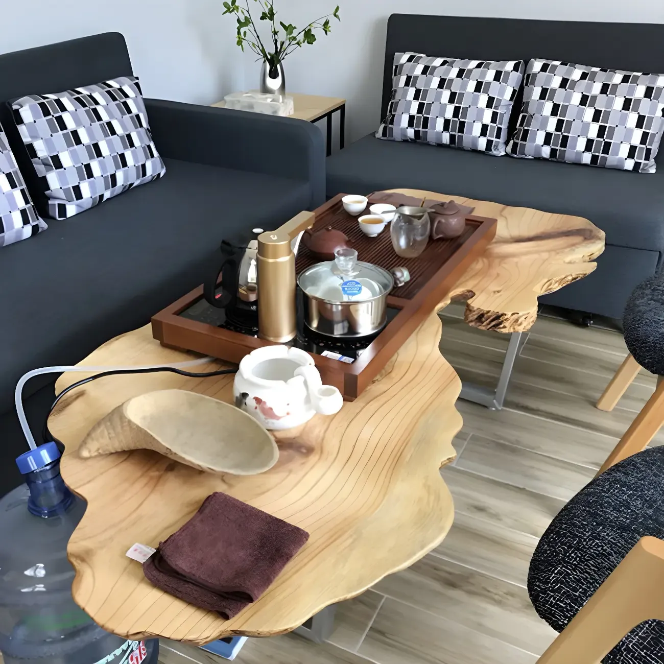 Geometric Modern Red Wood Top Steel Base Coffee Table