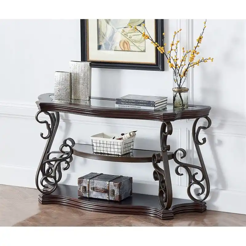 Traditional control table tempered glass top and middle shelf, retro living room foyer hallway entrance table