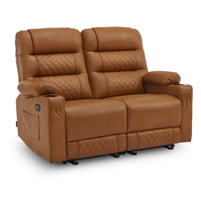 Power Recliner Loveseat, Saddle/Dark Brown/Light Grey, Heat & Massage, Seats 2