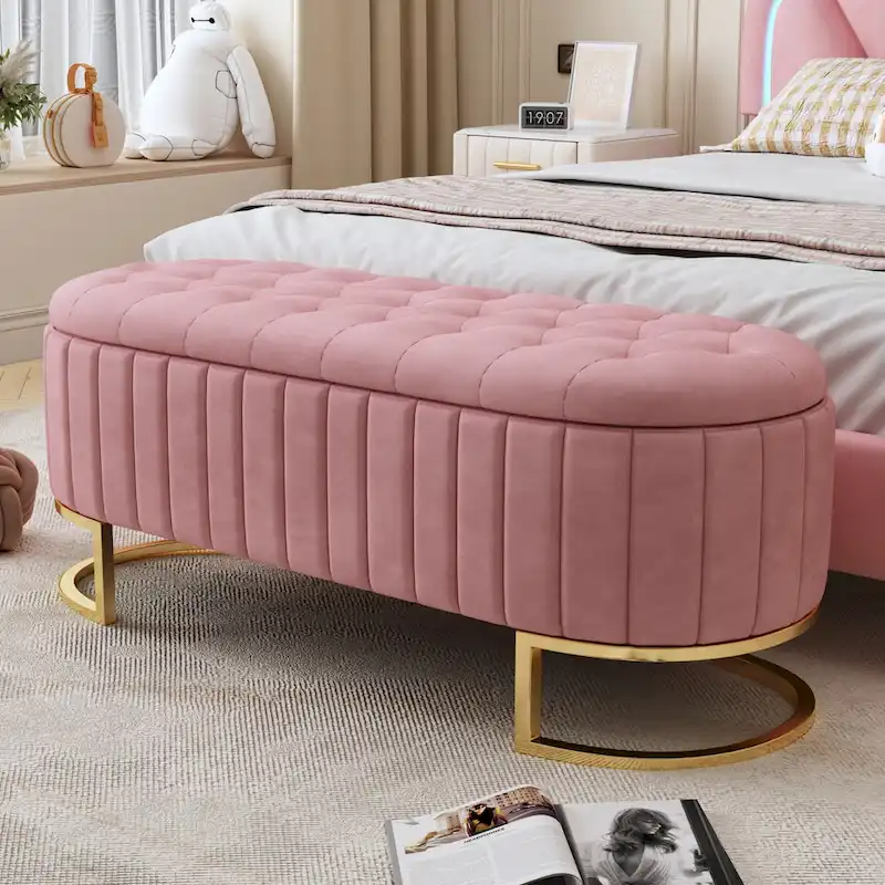 Button-Tufted Upholstered Velvet Storage Ottoman Bench with Metal Legs