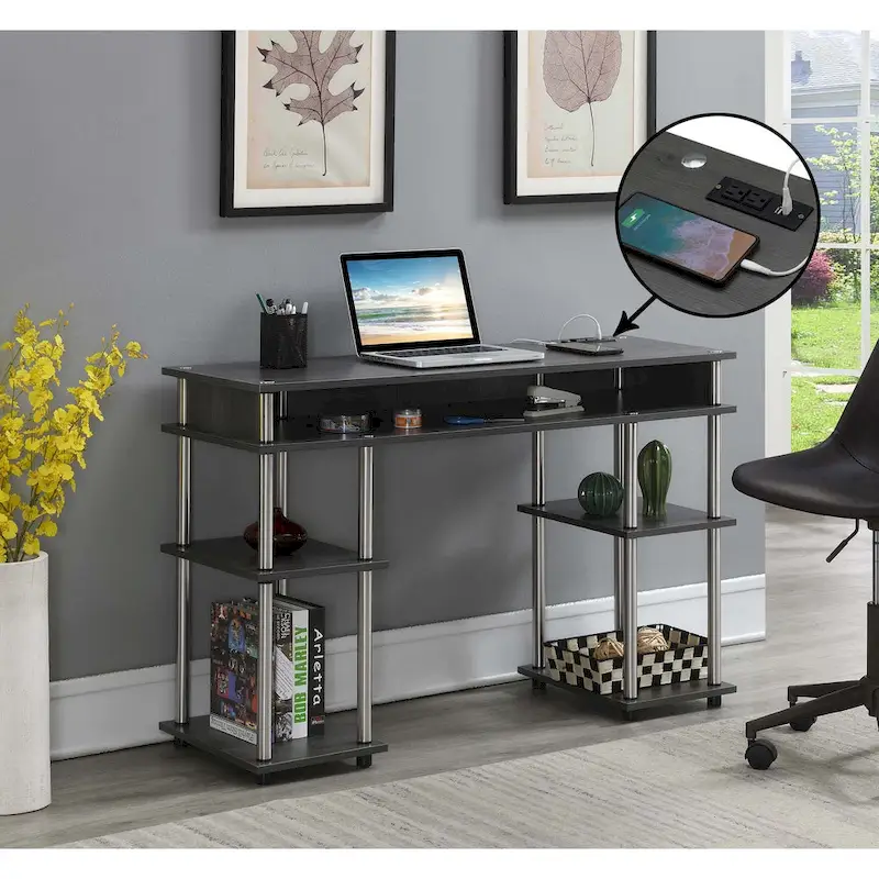 Convenience Concepts Designs2Go No Tools Student Desk with Charging Station and Shelves