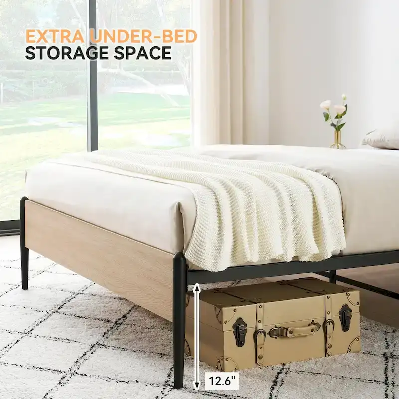 Bed Frame with Curved Rattan Headboard, MDF & Metal, No Box Spring, 700 lbs, Full/Queen