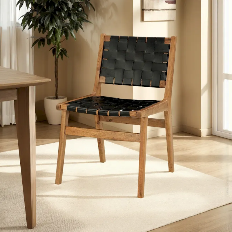 Dinno Dining Side Chair Set of 2, Brown Wood, Black Woven Leather Seat