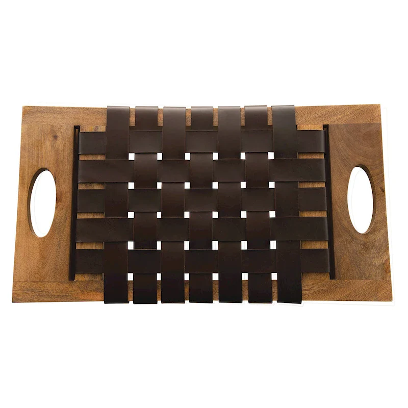 Mango Wood Stool with Woven Leather Top – Brown / Black & Natural, Single Seat